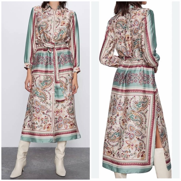 Zara Satin Foulard Paisley Maxi Dress Medium Shirt Dress Floral Belted